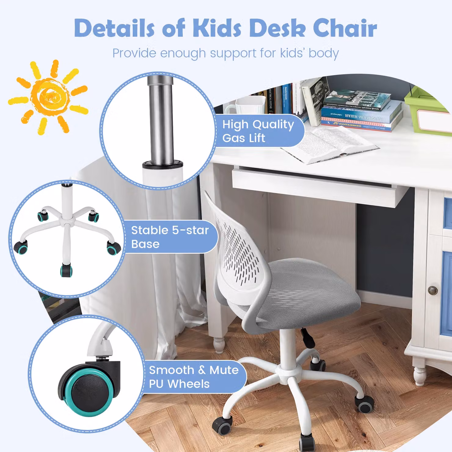 Gymax Ergonomic Swivel Kids Study Chair in Grey with Adjustable Height and Castors – 3