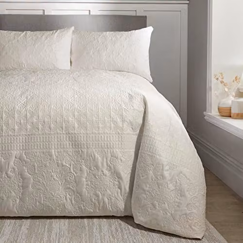 Serene Avery Stripe Reversible Pinsonic Duvet Cover and Pillowcase Set in Beige, W/D/H: 140 x 200 cm