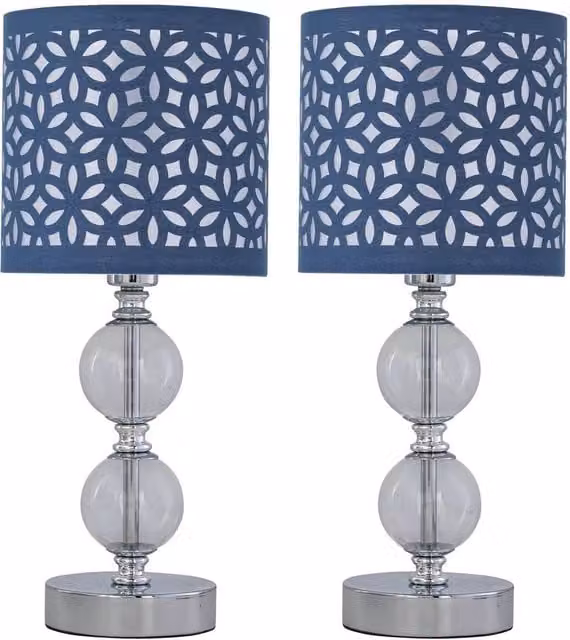 First Choice Lighting Set of 2 Chrome Two Ball Table Lamps with Navy Blue Fabric Cut Out Shades – 1