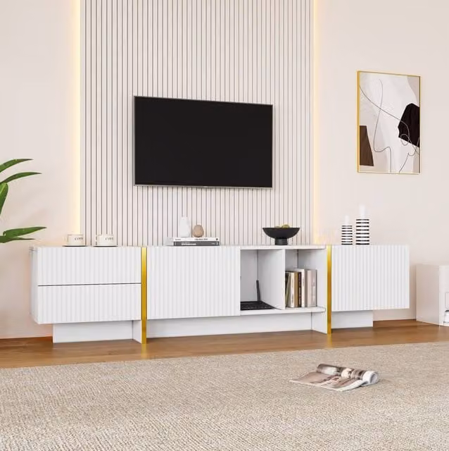 STILVORA Modern White and Gold TV Stand for TVs up to 85 inches with Storage – 1