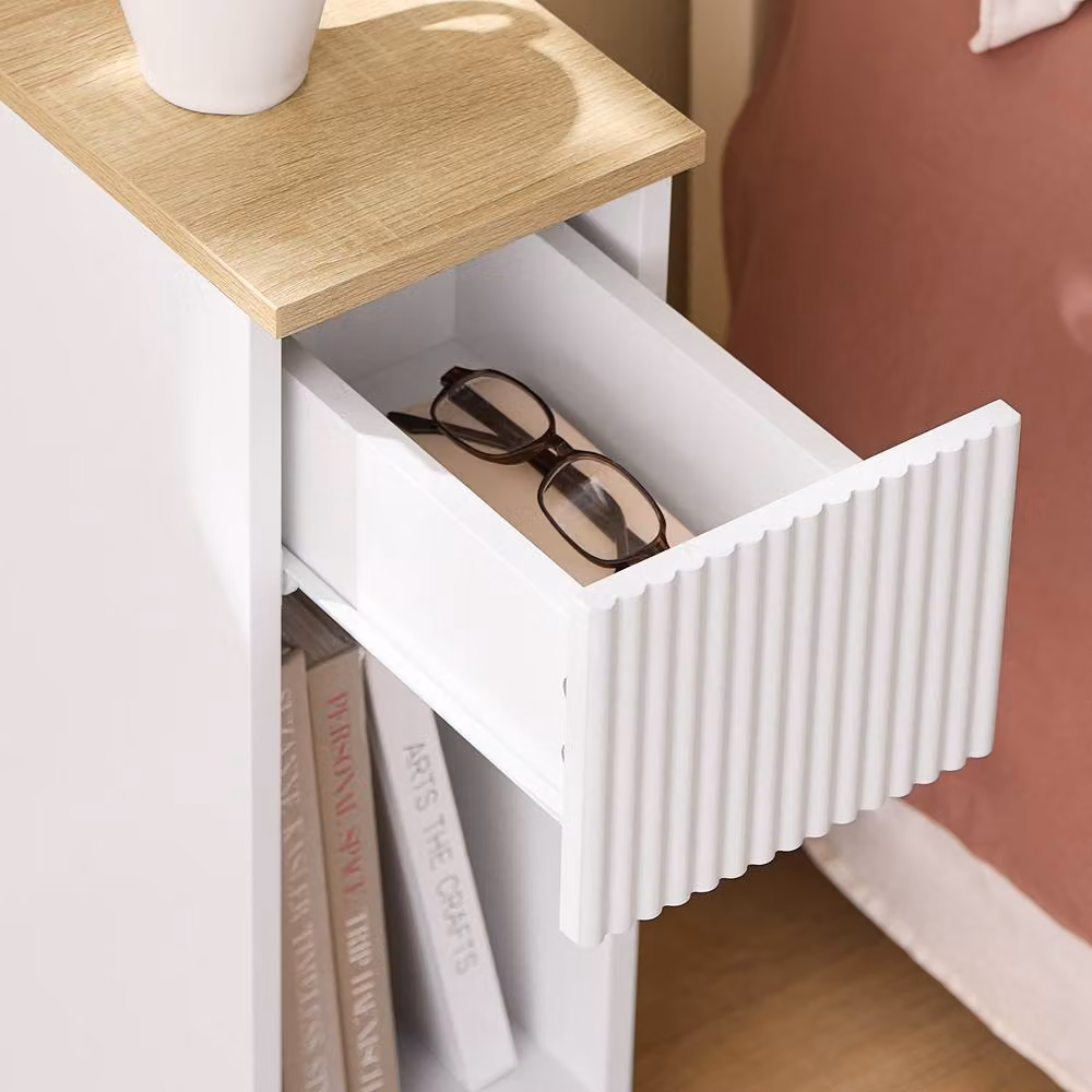 SOBUY Modern Slim Bedside Table with Drawer and Open Shelf in White, W/D/H: 35.0 x 20.0 x 60.0 cm – 2