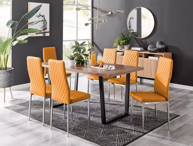 FurnitureboxUK Kylo Brown Wood Effect Dining Table and 6 Milan Mustard Faux Leather Chairs with Chrome Legs