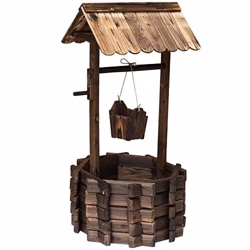 Outsunny Brown Wooden Wishing Well Planter with Hanging Bucket
