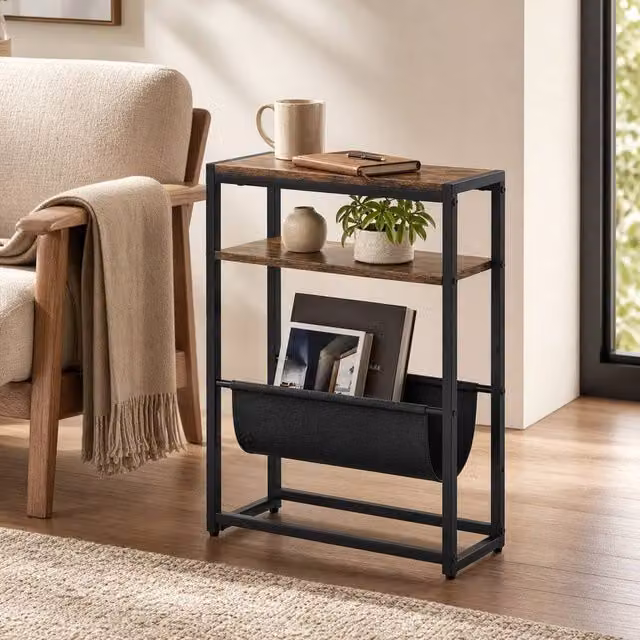 STILVORA Industrial Side Table with 3-Tier Storage in Brown and Black