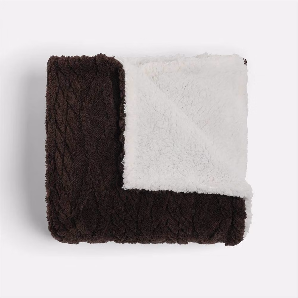 OHS Brown Cable Knit Reversible Sherpa Fleece Throw Blanket, W: 180 cm, D: 200 cm – 3