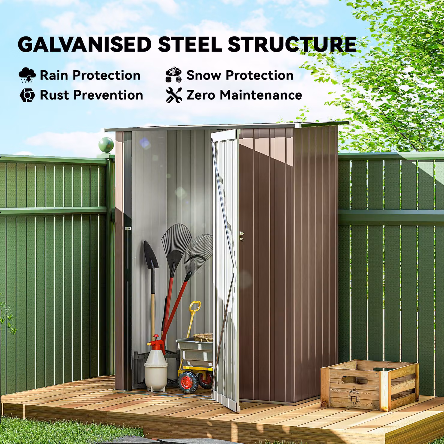 Outsunny Brown Metal Garden Storage Shed with Sloped Roof and Lockable Door, W/D/H: 152.4 x 91.44 x 152.4 cm – 4