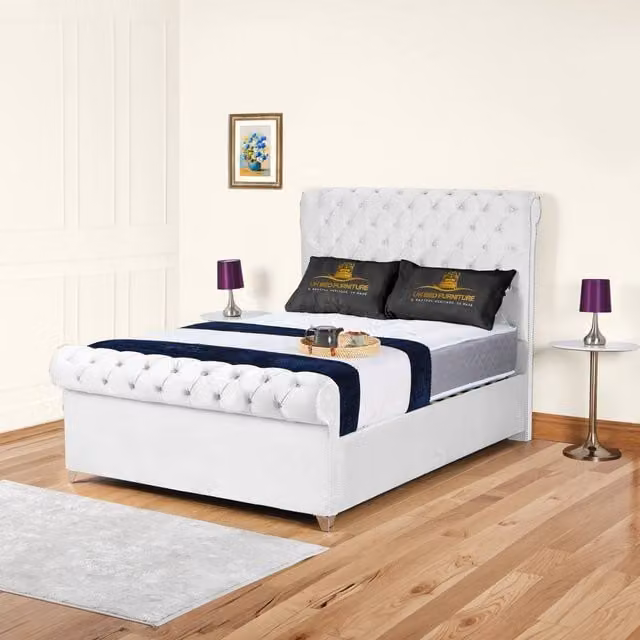 UK Bed Furniture Chesterfield Sleigh Ottoman Bed in White, Single Size (90 x 190 cm) – 1