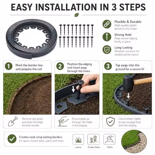 SolaDirect Grey Flexible Plastic Lawn Edging Border – 5