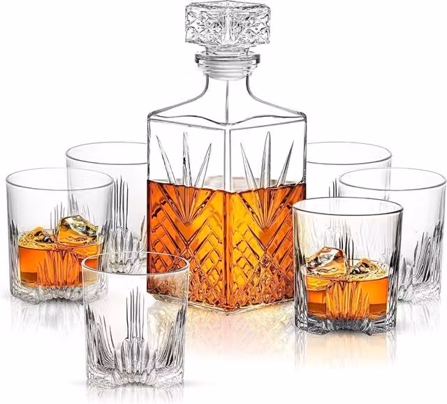Bormioli Rocco Cut Glass Square Whisky Decanter with Stopper and 6 Glasses, Clear, 1 l and 285 ml each