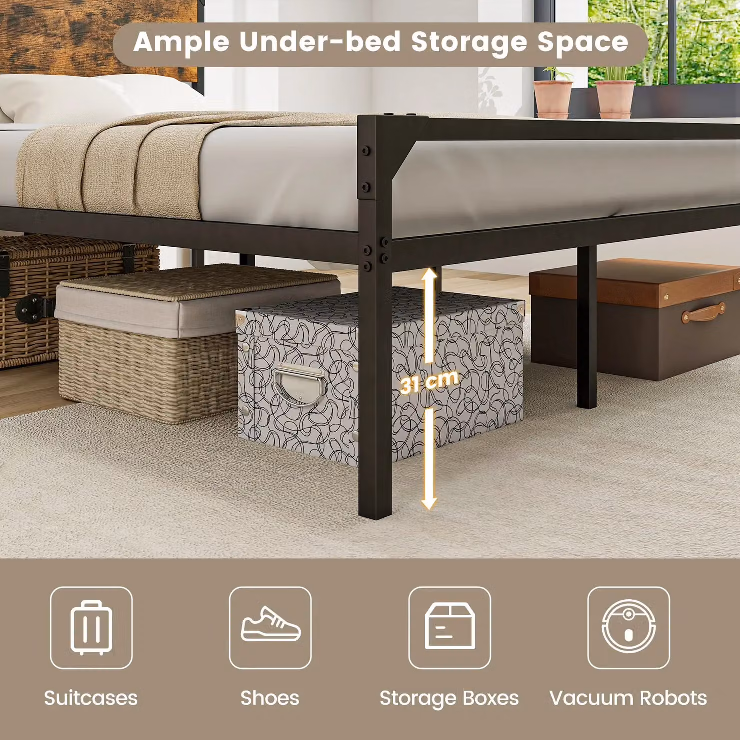 Costway Industrial Metal Double Bed Frame with 9 Support Legs in Brown, W/D/H: 140 x 200 cm – 5