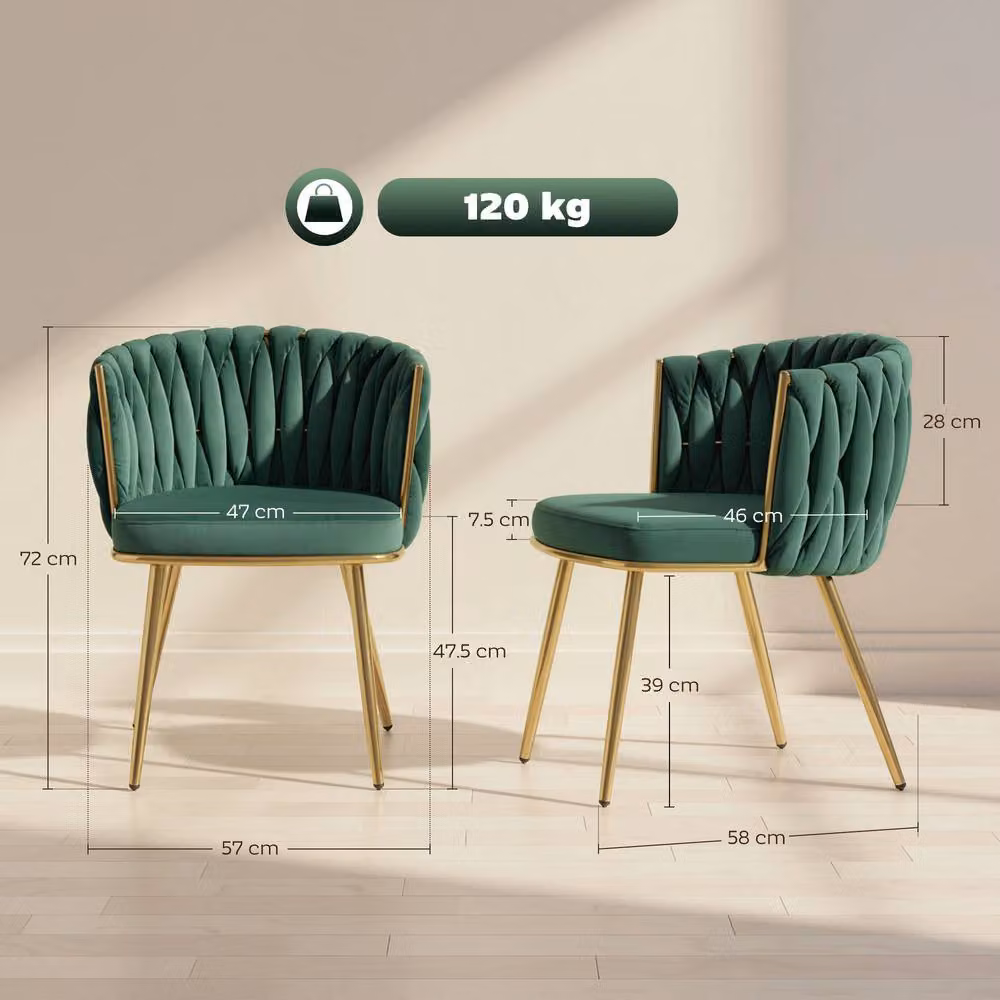 STILVORA Set of 2 Green Velvet Dining Chairs with Gold Metal Legs and Armrests – 3