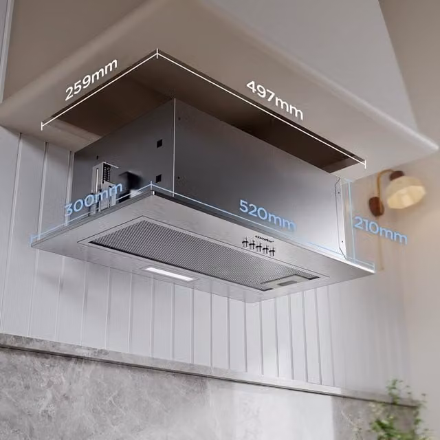 Living Star Fully Integrated Under Cabinet Cooker Hood in Silver Stainless Steel with Exhaust and Recirculation Options