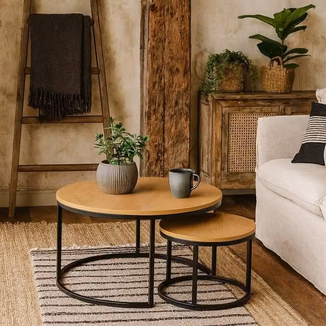 Wyld Haus Odense Round Nesting Coffee Table Set in Wild Oak Effect and Matte Black