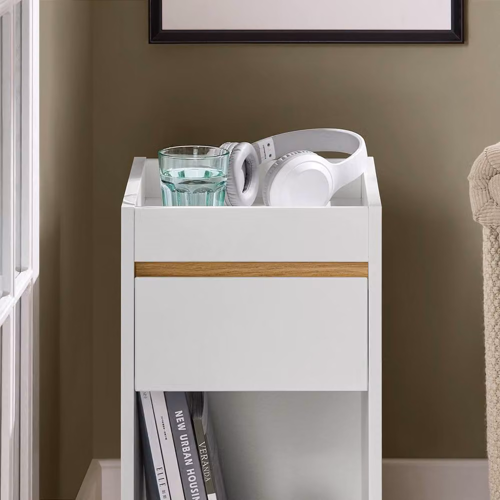SoBuy Modern Compact Nightstand with Top Tray and Drawer in White – 3