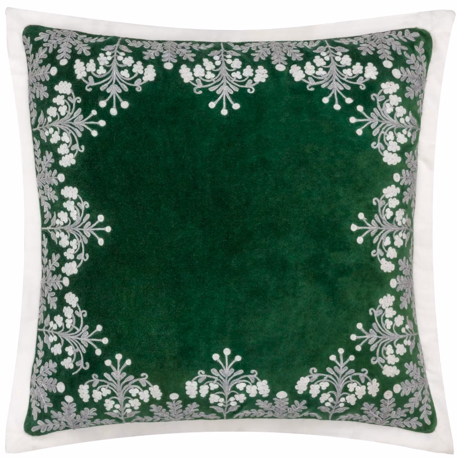 Paoletti Winter Bloom Floral Embroidered Cotton Velvet Cushion, Green, W/D/H: 50 x 50 x 50 cm – 2