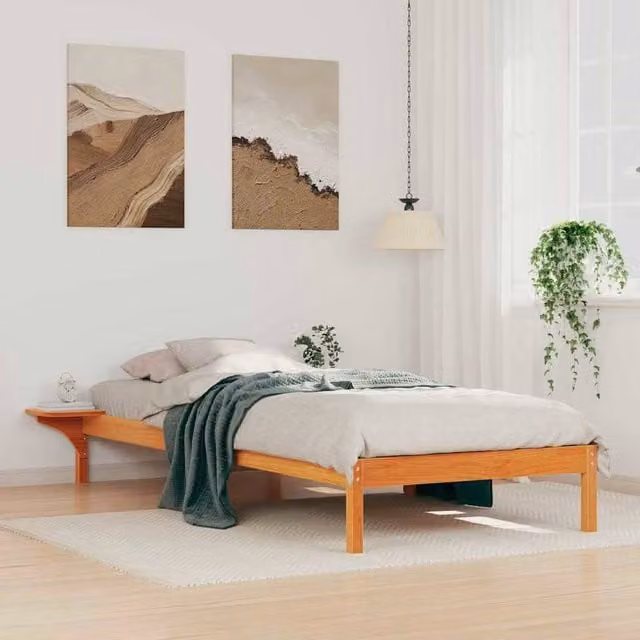 Berkfield Home Modern Solid Pine Bed Frame with Side Compartments in Waxed Brown, W: 80 cm, L: 220 cm