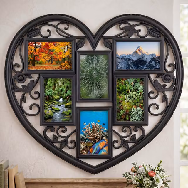 DEENZ Black Multi-Aperture Heart Shape Wall Photo Frame, W/D/H: 58 x 52.5 x 1.7 cm