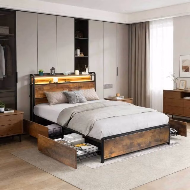 SPETLEK Metal Bed Frame with Under-Bed LED Lighting in Brown, W/D/H: 140 x 200 cm