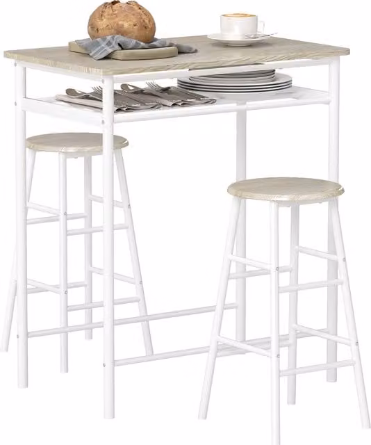 HOMCOM Bar Table and Stools Set with Metal Frame, Footrest and Storage Shelf in White and Oak – 1
