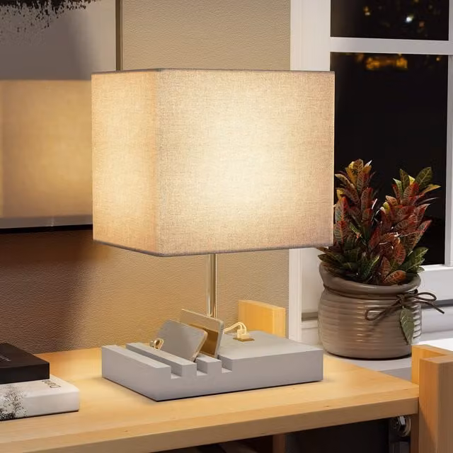 HOMCOM Modern Grey and Wood Bedside Lamp with 3 Organiser Slots and Beige Fabric Shade