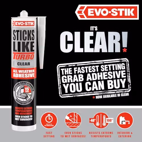 Evo-Stik Sticks Like Turbo Rapid Setting MS Polymer Adhesive, Clear, 290ml – 3