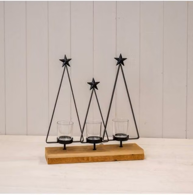 KDMD Black Metal Triple Tree Tealight Holder on Wooden Base