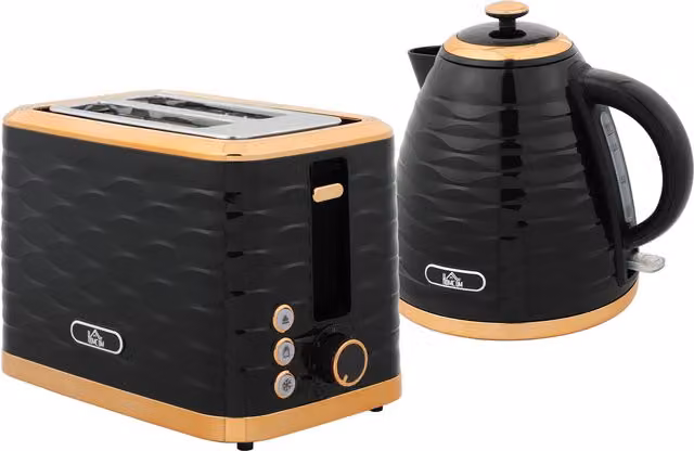 HOMCOM Black Kettle and Toaster Set with 1.7L Rapid Boil Kettle and 2 Slice Toaster featuring 7 Browning Controls and Crumb Tray