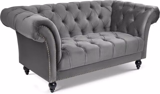 Bravich Chesterfield Rolled Arm Velvet Sofa in Grey