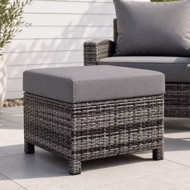STILVORA Grey Rattan and Metal Garden Footstool with Padded Cushion, Width: 50 cm – 1