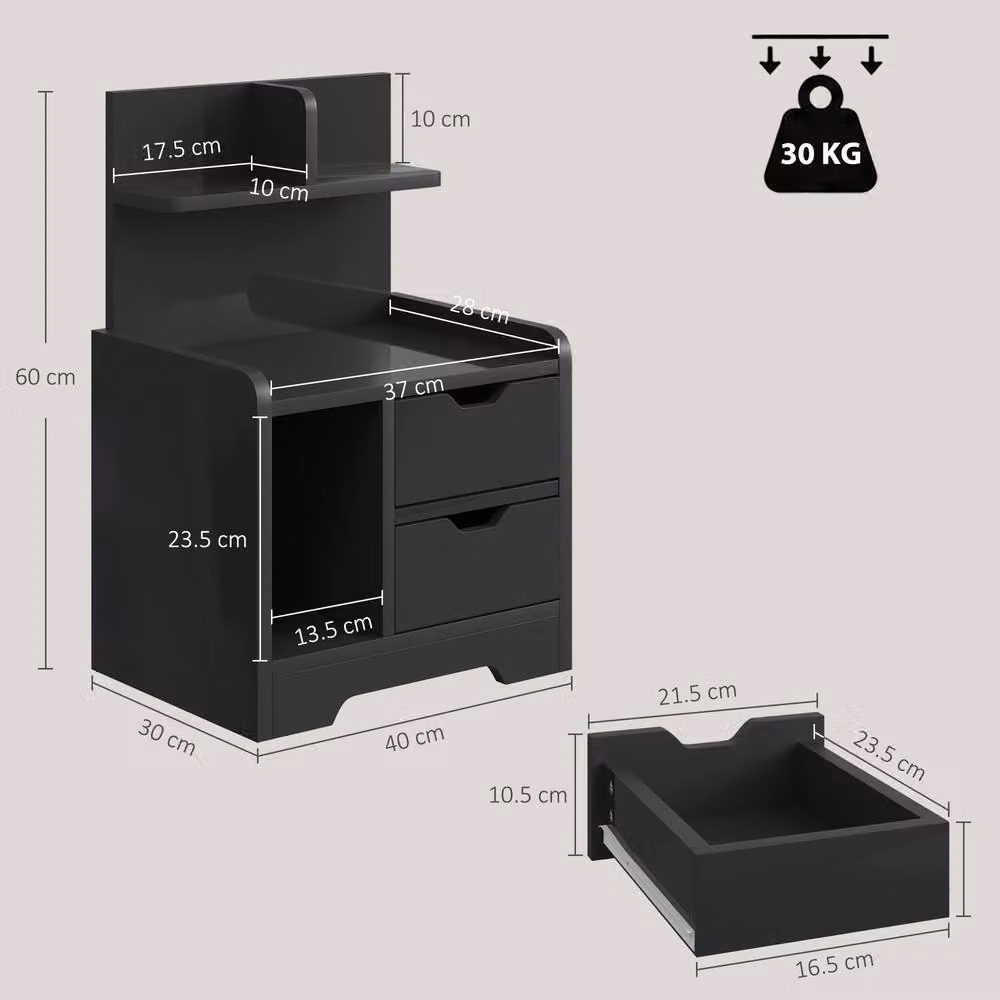 HOMCOM Modern Black Bedside Table with 2 Drawers and Open Shelves – 3
