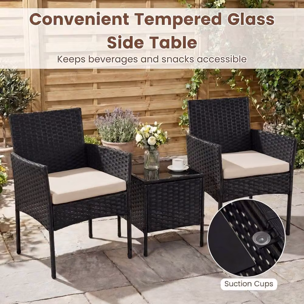 NESTLUNE Black Modern Outdoor Garden Furniture Set with Upholstered Lounge Armchair and Coffee Table – 4