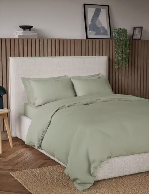 M&S Pure Cotton 300 Thread Count Bedding Set, Green, 90x190 cm