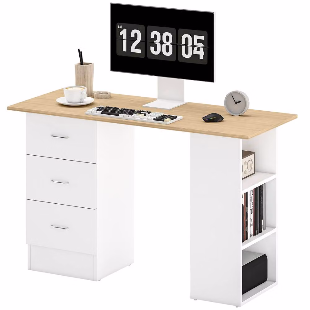 STILVORA Modern Computer Desk with 3 Drawers and Shelves in Brown and White, W: 120 cm, H: 72 cm – 3