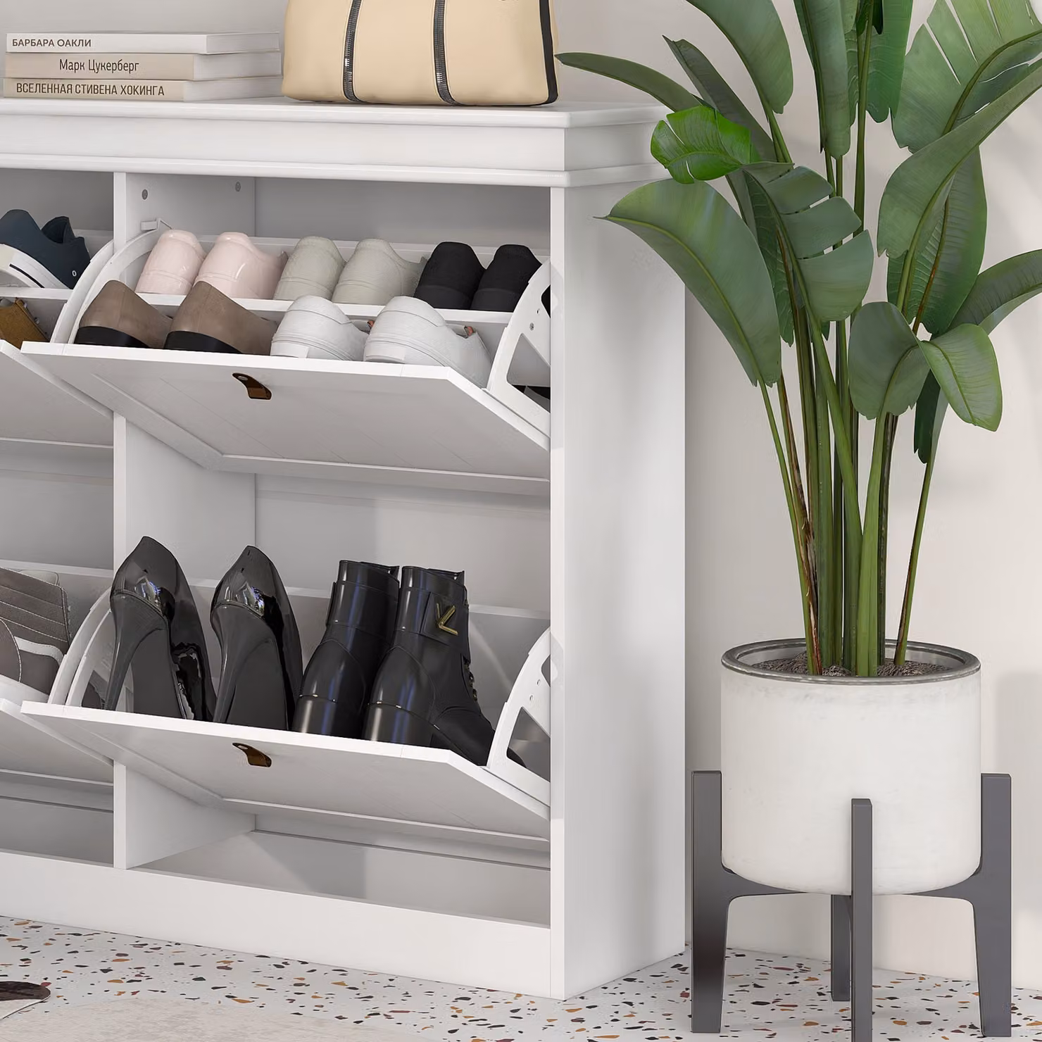 HOMCOM Slim White Shoe Cabinet with 4 Tilting Drawments, W: 105 cm, D: 24 cm, H: 82.5 cm – 4