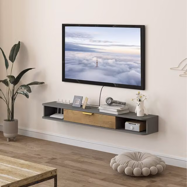 HOMCOM Modern Black Floating TV Stand with Open Compartments and Flip Door, 140 cm