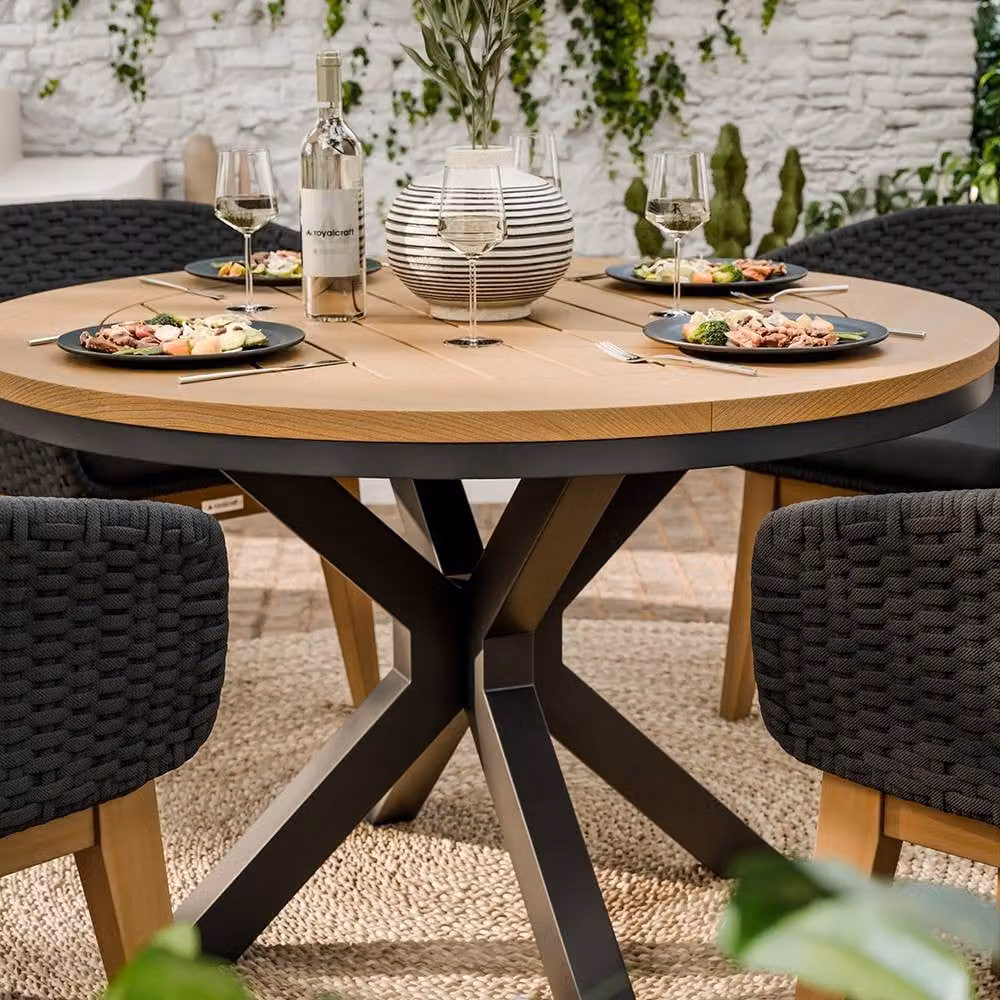 Royalcraft Tuscany Round Teak Wood Dining Set with 4 Eden Night Chairs in Brown and Sand – 3