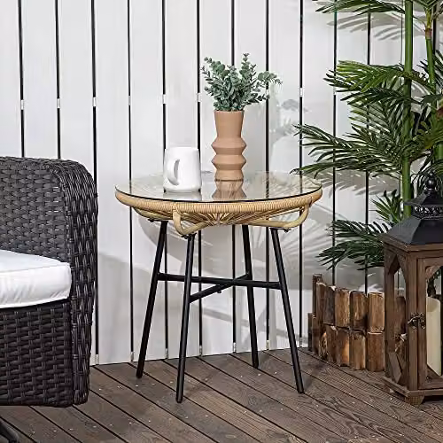 Outsunny Round PE Rattan Side Table with Tempered Glass Top in Beige, Black or Brown – 2