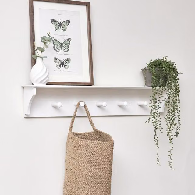 Melody Maison White Wall Mounted Strip Shelf with Hooks