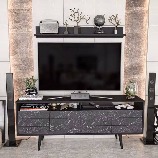Decorotika Ola Black TV Stand Media Console with Wall Shelf, Width: 160 cm