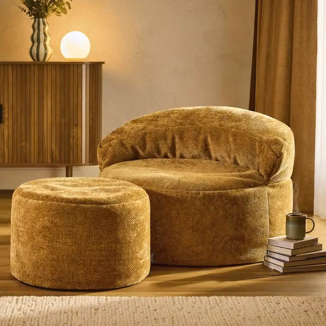 ICON Orb Accent Chair and Milano Round Footstool in Gold Chenille Fabric