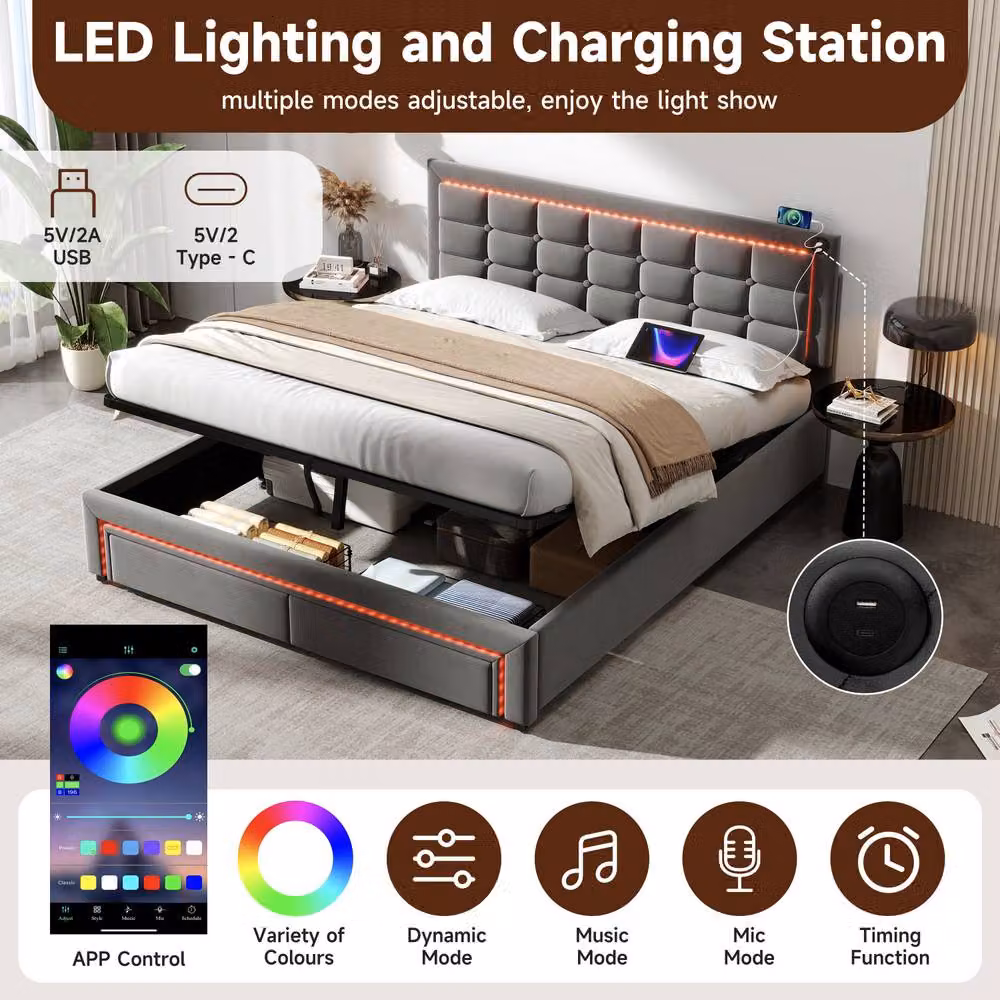 Rolipo King Size Grey Velvet Upholstered Ottoman Bed with Drawers, LED Lighting and USB Charging Port, W/D/H: 180 x 200 cm – 5