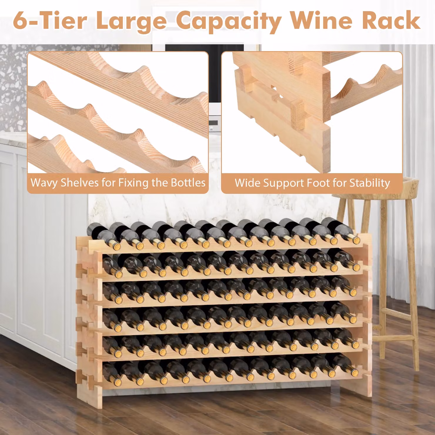 Gymax Stackable Modular Pine Wood Wine Rack with 72 Bottle Capacity in Natural Brown – 3