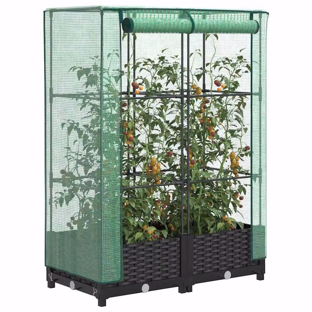 Berkfield Home Raised Bed with Greenhouse Cover in Black Rattan Look, W: 80 cm, D: 40 cm, H: 123 cm – 2