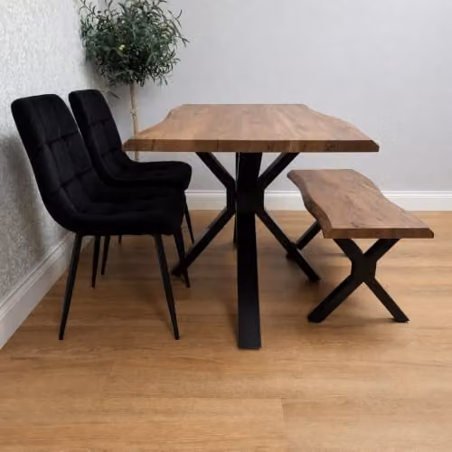 Kosy Koala 4 Seater Dining Set with X-Frame Rustic Brown Wooden Effect Table, 2 Black Velvet Chairs and Bench, W/D/H: 117 x 77 x 75 cm – 2