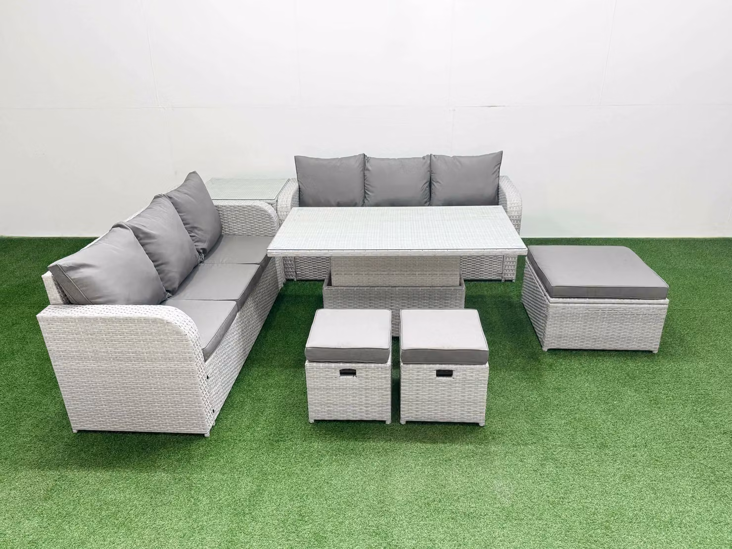 Fimous 9 Seater Grey Wicker Rattan Garden Furniture Set with Adjustable Lifting Dining or Coffee Table and High Back Lounge Sofas – 2
