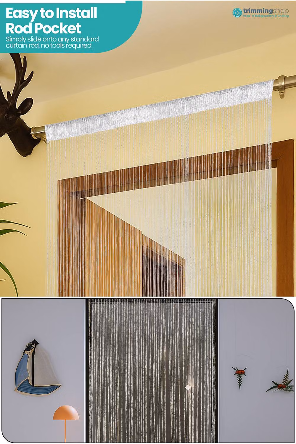 Neel Blue Glitter String Curtain Panel in Ivory and White, W: 100 cm, H: 200 cm – 2