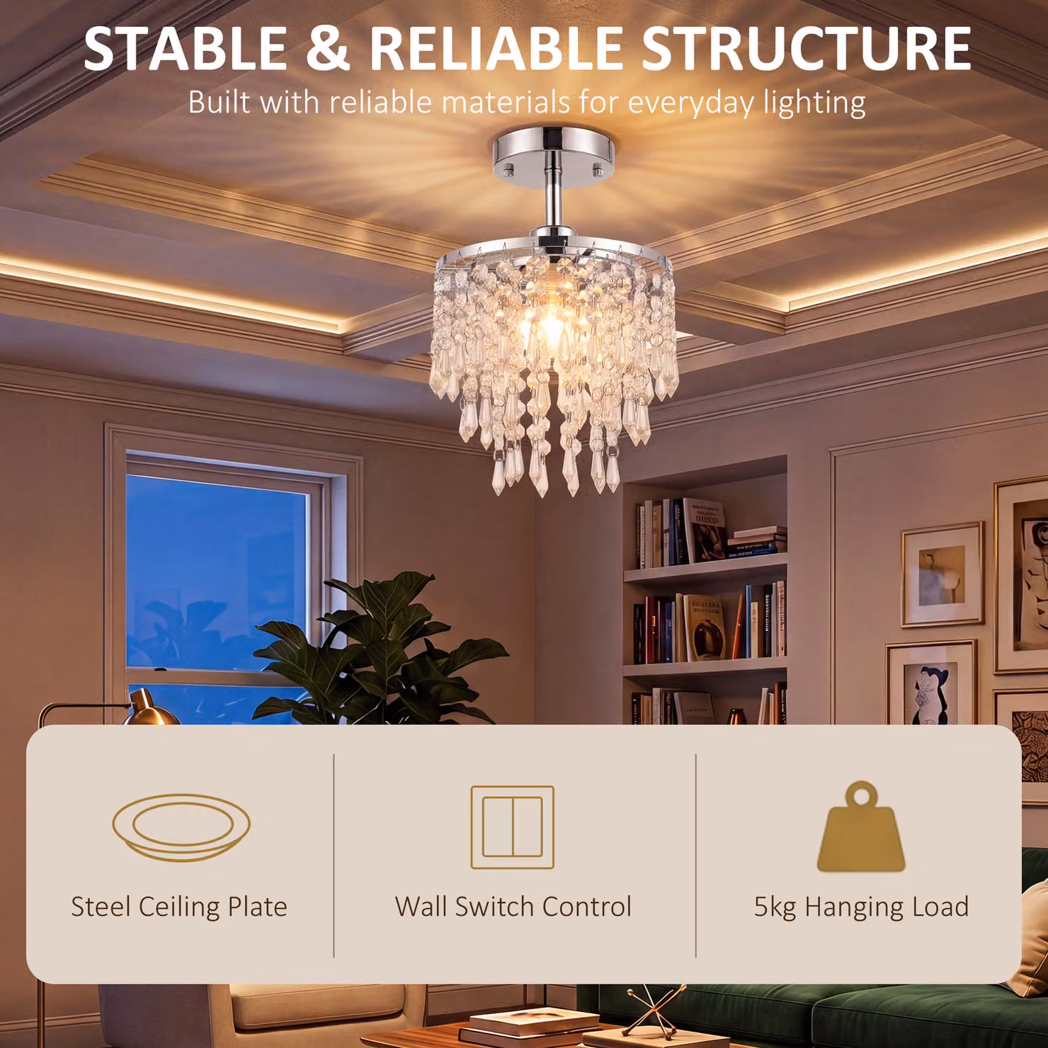 HOMCOM Silver Crystal Ceiling Light with Transparent Strands for Hallway, Bedroom or Dining Room – 4
