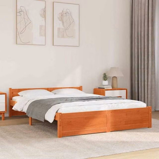 Berkfield Home Solid Pine Wood Bed Frame in Wax Brown, W/D/H: 205.5 x 155.5 x 51 cm