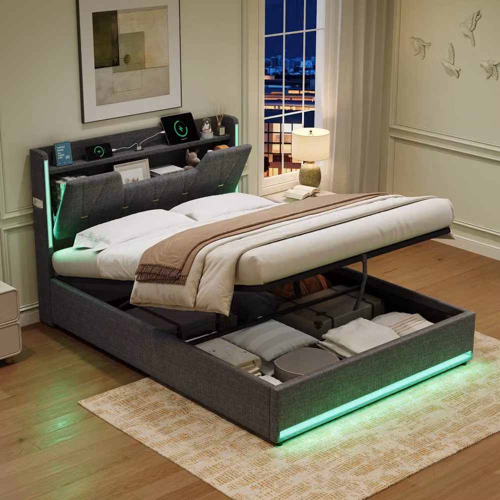 BTM Double Hydraulic Storage Bed with X Shape LED and USB Charging Port, Grey, W/D/H: 140 x 200 cm – 3