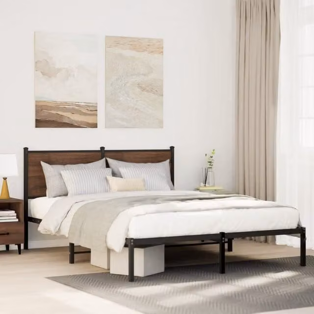 Berkfield Home Metal Bed Frame in Brown Oak, W: 140 cm, L: 200 cm